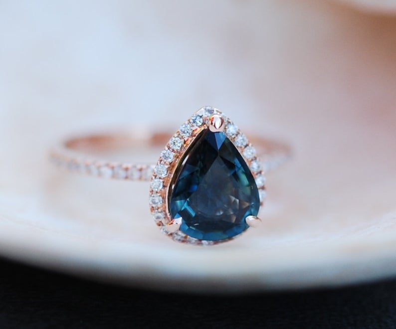 Peacock Blue Sapphire Diamond 925 Sterling Silver 2.5 CT Pear Cut Halo Engagement Ring