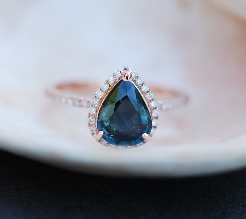 Peacock Blue Sapphire Diamond 925 Sterling Silver 2.5 CT Pear Cut Halo Engagement Ring