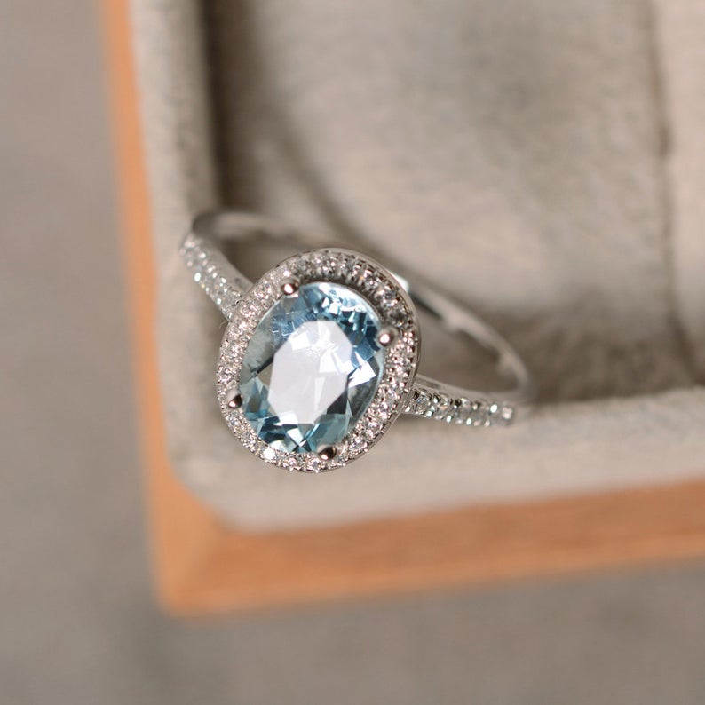 1 CT Oval Cut Aquamarine Diamond White Gold Over On 925 Sterling Silver Halo Engagement Ring