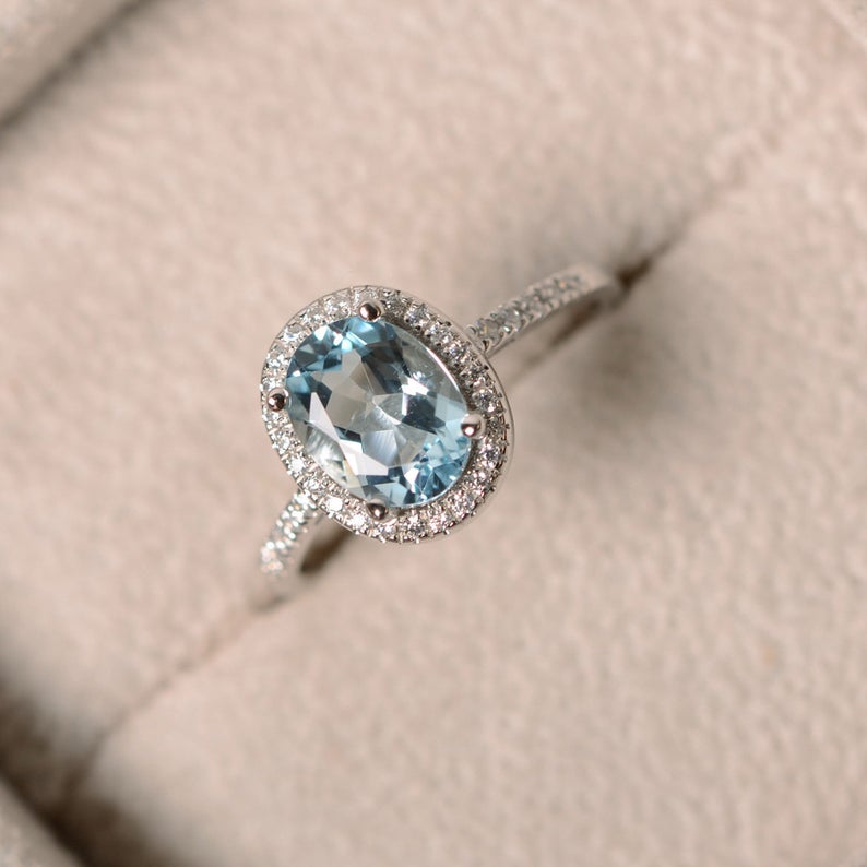 1 CT Oval Cut Aquamarine Diamond White Gold Over On 925 Sterling Silver Halo Engagement Ring