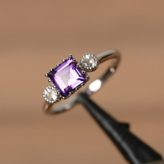 2.20 Ct Princess Cut Purple Amethyst & Round CZ Three-Stone Promise Gift Ring In 925 Sterling Silver