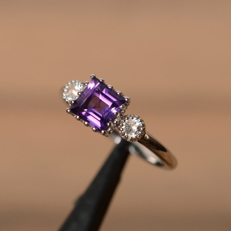2.20 Ct Princess Cut Purple Amethyst & Round CZ Three-Stone Promise Gift Ring In 925 Sterling Silver