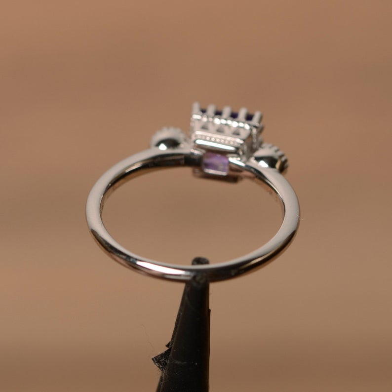 2.20 Ct Princess Cut Purple Amethyst & Round CZ Three-Stone Promise Gift Ring In 925 Sterling Silver