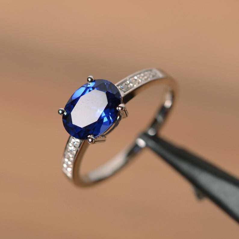 2 Ct Oval Cut Blue Sapphire 925 Sterling Silver Solitaire W/Accents Engagement Ring