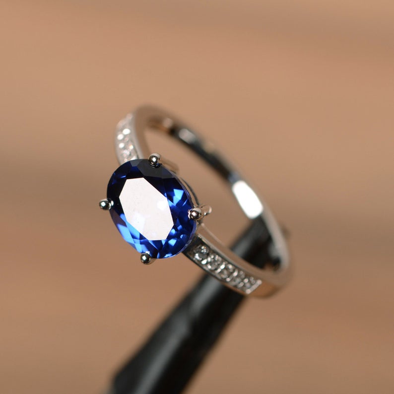 2 Ct Oval Cut Blue Sapphire 925 Sterling Silver Solitaire W/Accents Engagement Ring