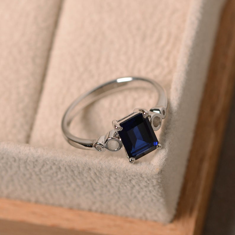 1 Ct Emerald Cut Blue Sapphire Solitaire Anniversary Gift Ring In 925 Sterling Silver