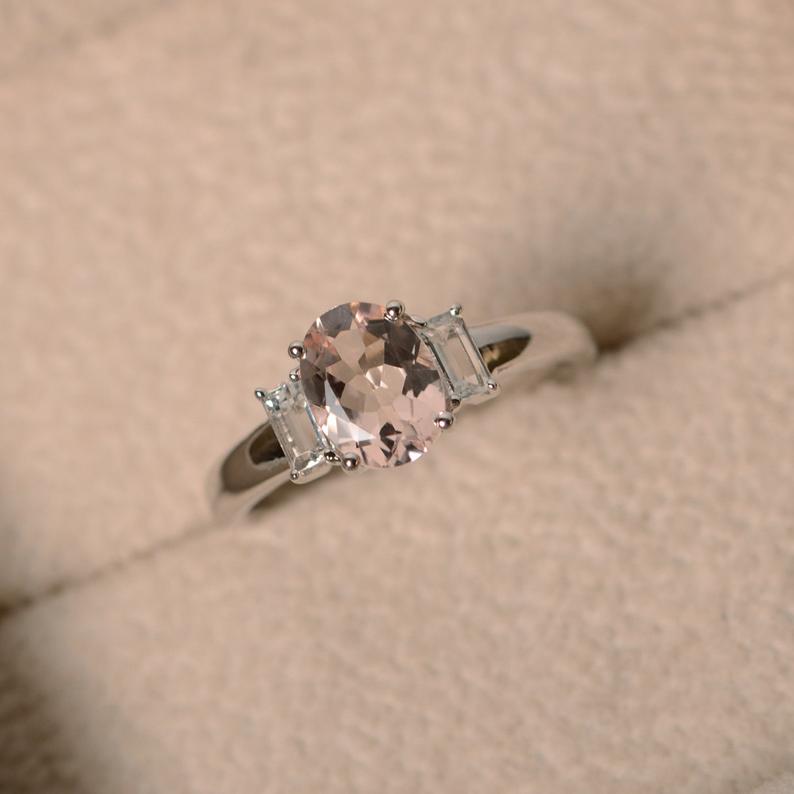 2.00 Ct Oval Cut Morganite & White Baguette 925 Sterling Silver Three-Stone Promise Ring