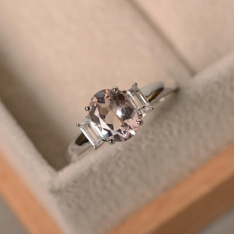 2.00 Ct Oval Cut Morganite & White Baguette 925 Sterling Silver Three-Stone Promise Ring