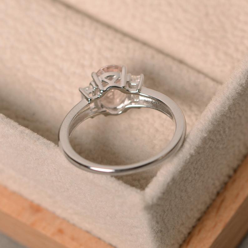 2.00 Ct Oval Cut Morganite & White Baguette 925 Sterling Silver Three-Stone Promise Ring
