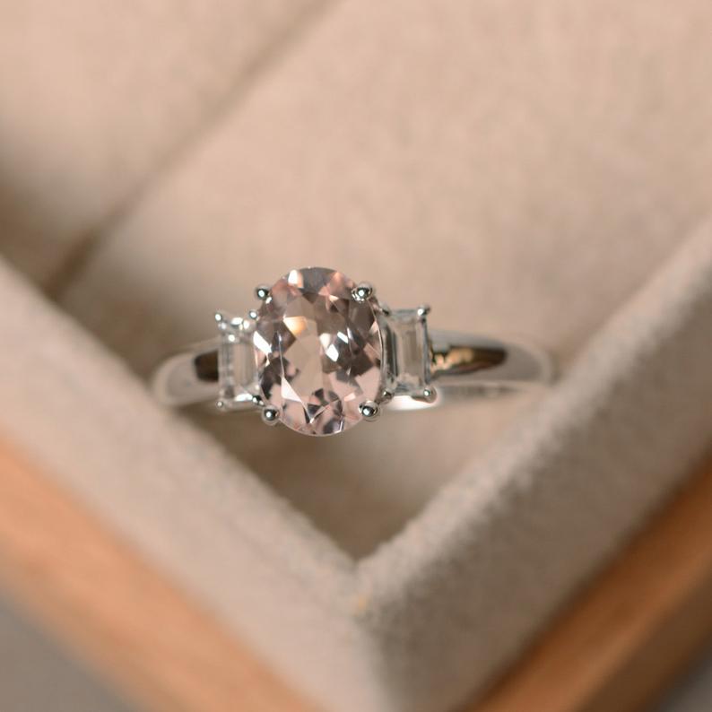 2.00 Ct Oval Cut Morganite & White Baguette 925 Sterling Silver Three-Stone Promise Ring