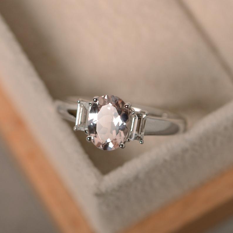 2.00 Ct Oval Cut Morganite & White Baguette 925 Sterling Silver Three-Stone Promise Ring
