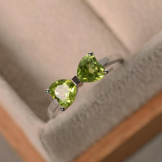 1.50 Ct Heart Cut Peridot Double Stone Promise Bow Ring In 925 Sterling Silver
