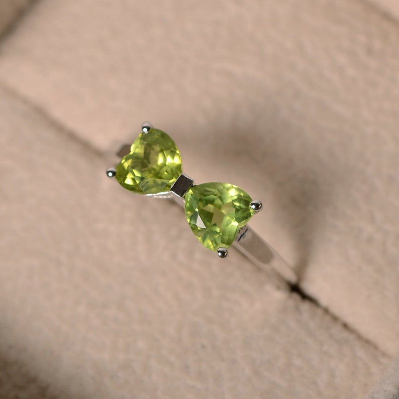 1.50 Ct Heart Cut Peridot Double Stone Promise Bow Ring In 925 Sterling Silver