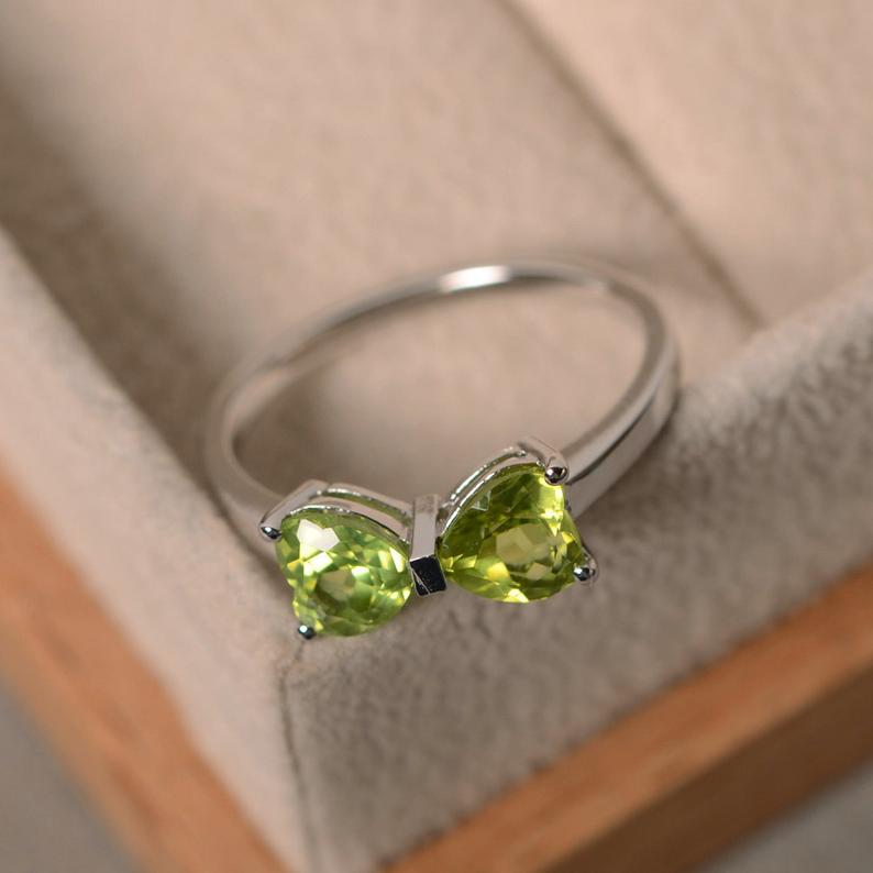 1.50 Ct Heart Cut Peridot Double Stone Promise Bow Ring In 925 Sterling Silver