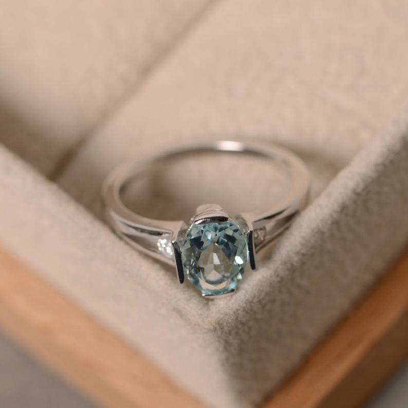 1.20 Ct Oval Cut Aquamarine Bezel Set Unique Promise Gift Ring In 925 Sterling Silver