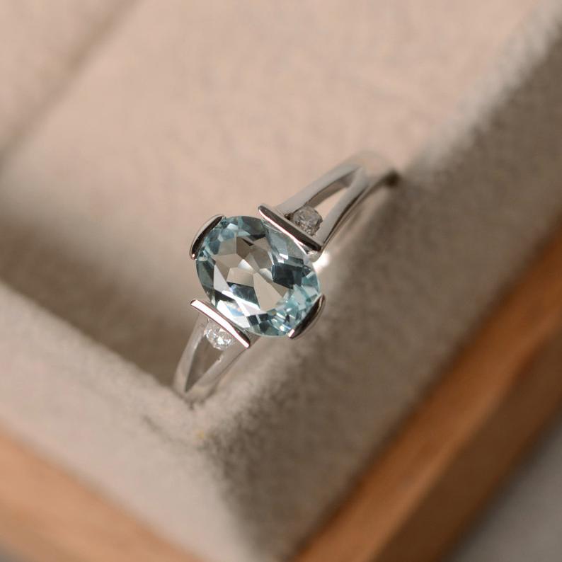 1.20 Ct Oval Cut Aquamarine Bezel Set Unique Promise Gift Ring In 925 Sterling Silver