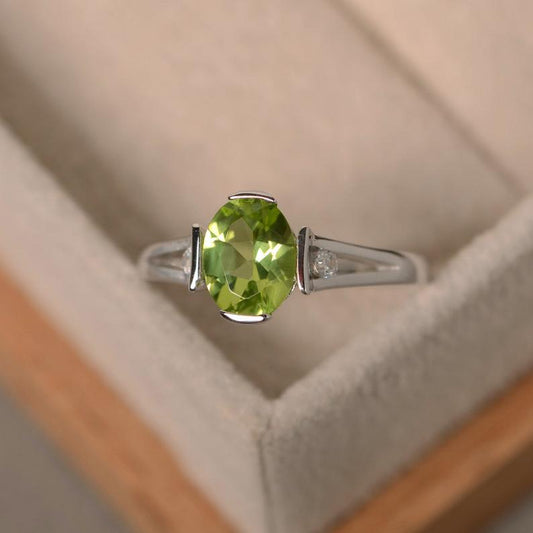 1.20 Ct Oval Cut Green Peridot Bezel Set Unique Promise Gift Ring In 925 Sterling Silver
