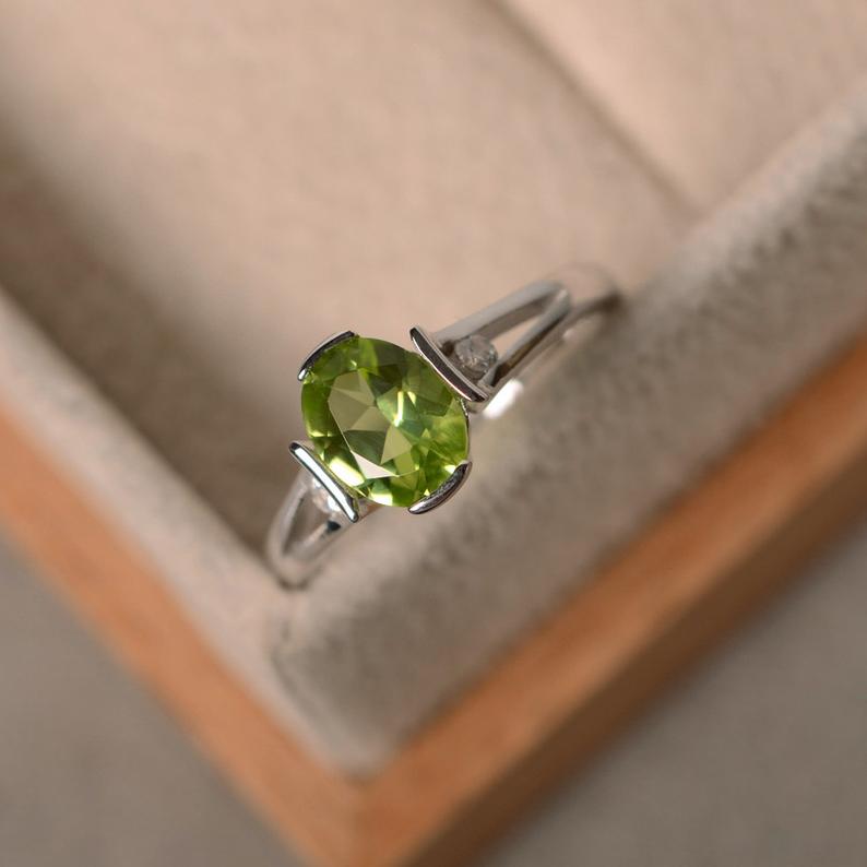 1.20 Ct Oval Cut Green Peridot Bezel Set Unique Promise Gift Ring In 925 Sterling Silver
