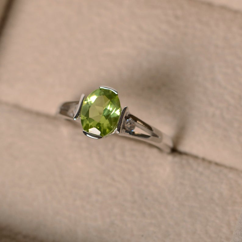 1.20 Ct Oval Cut Green Peridot Bezel Set Unique Promise Gift Ring In 925 Sterling Silver