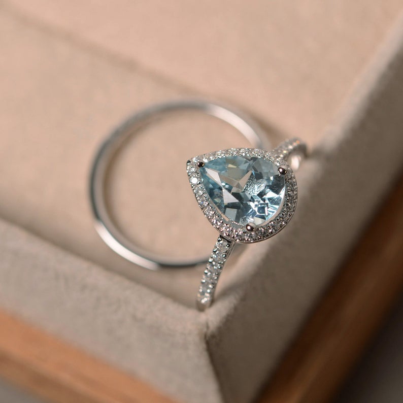 2.50 CT Pear Cut Blue Aquamarine 925 Sterling Silver Halo Engagement Bridal Ring Set