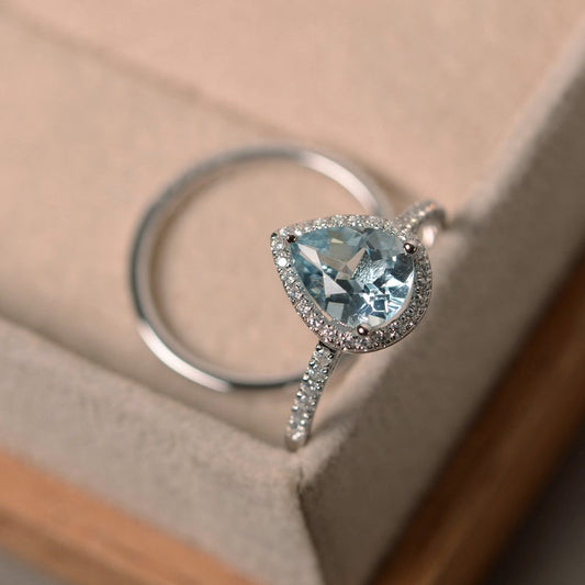 2.50 CT Pear Cut Blue Aquamarine 925 Sterling Silver Halo Engagement Bridal Ring Set