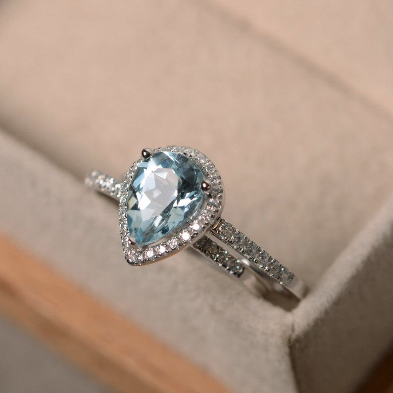 2.50 CT Pear Cut Blue Aquamarine 925 Sterling Silver Halo Engagement Bridal Ring Set