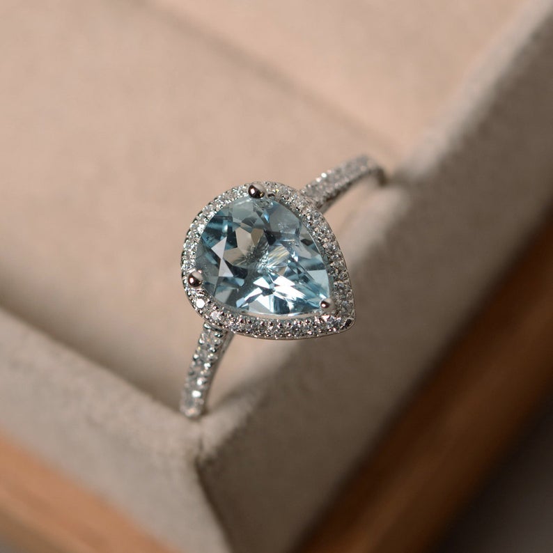2.50 CT Pear Cut Blue Aquamarine 925 Sterling Silver Halo Engagement Bridal Ring Set