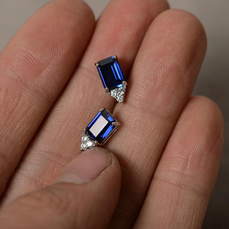 2.20 Ct Emerald Cut Blue Sapphire 925 Sterling Silver Anniversary Gift Stud Earrings