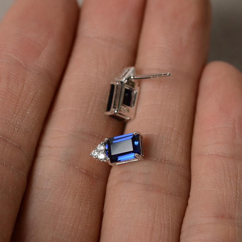 2.20 Ct Emerald Cut Blue Sapphire 925 Sterling Silver Anniversary Gift Stud Earrings