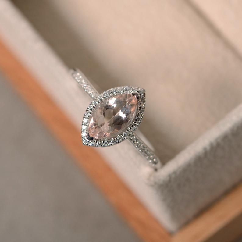 1.50 Ct Marquise Cut Morganite Halo Engagement Ring In 925 Sterling Silver