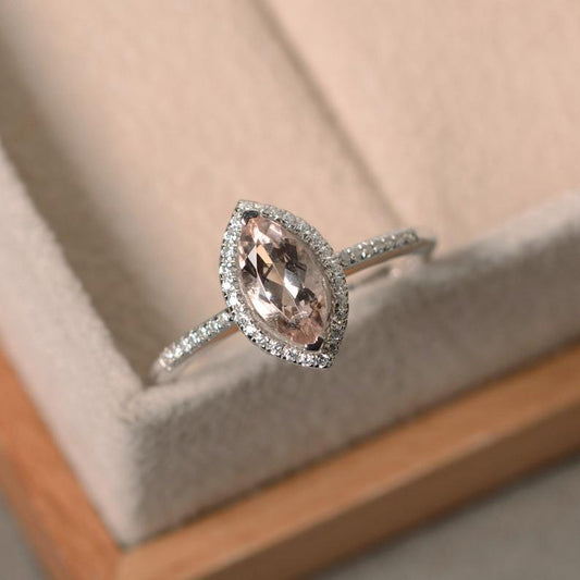 1.50 Ct Marquise Cut Morganite Halo Engagement Ring In 925 Sterling Silver