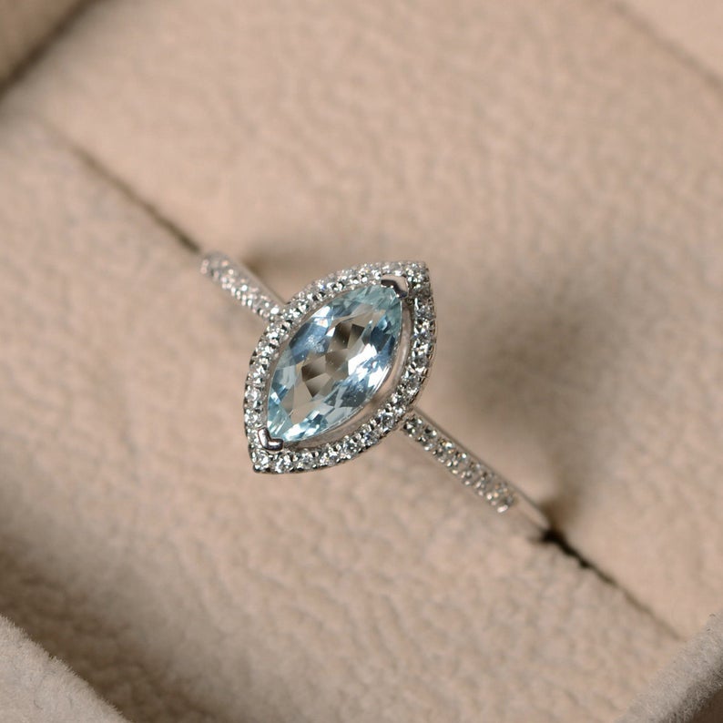 1.50 Ct Marquise Cut Aquamarine 925 Sterling Silver Halo Anniversary Gift Ring For Her