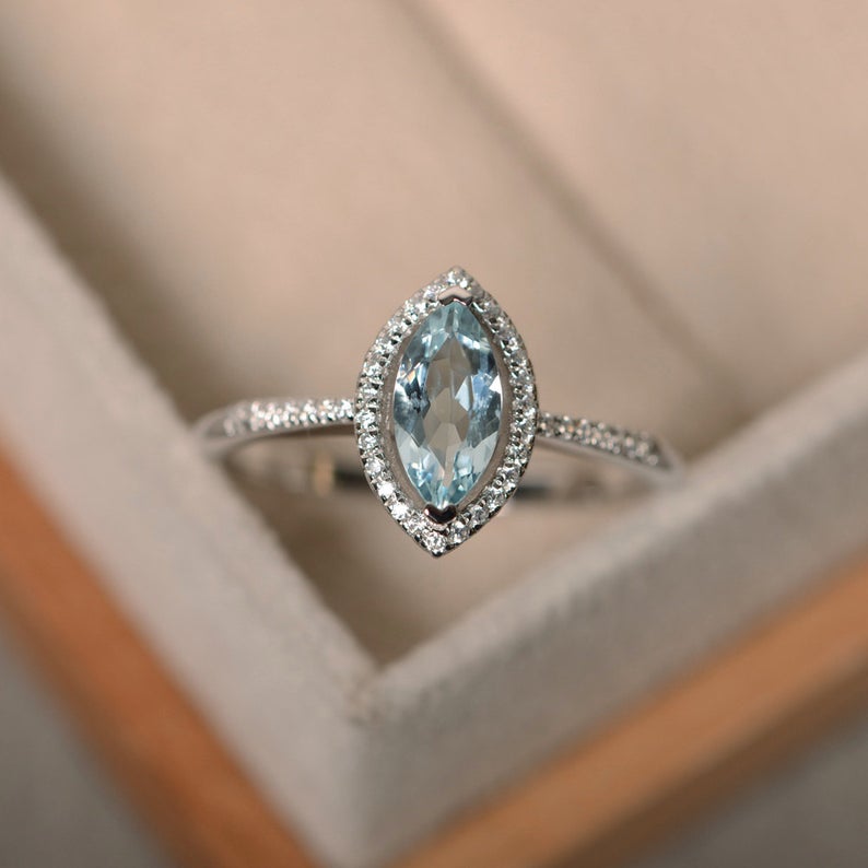 1.50 Ct Marquise Cut Aquamarine 925 Sterling Silver Halo Anniversary Gift Ring For Her