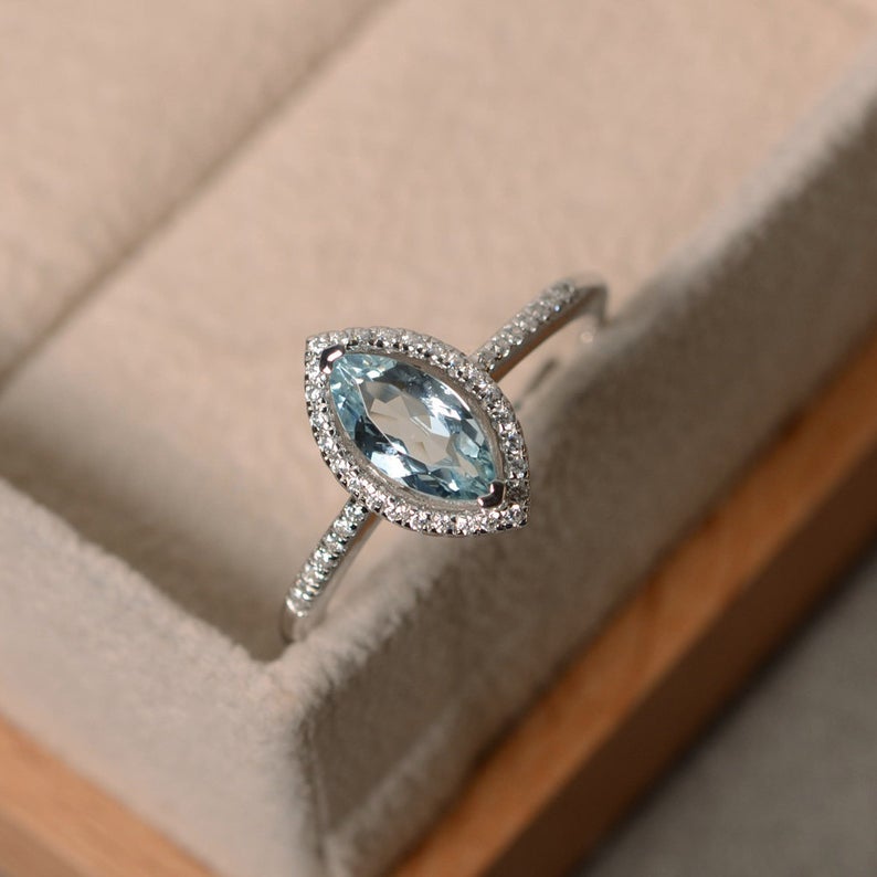 1.50 Ct Marquise Cut Aquamarine 925 Sterling Silver Halo Anniversary Gift Ring For Her