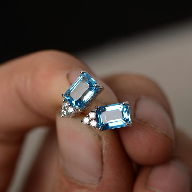 2.20 Ct Emerald Cut Blue Topaz  925 Sterling Silver Anniversary Gift Stud Earrings