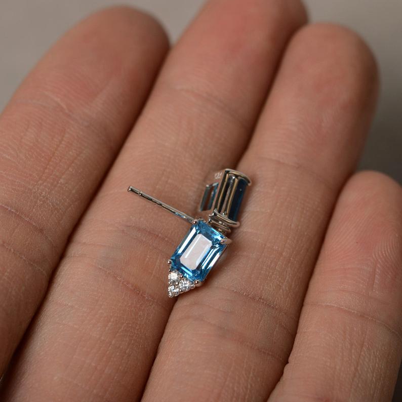 2.20 Ct Emerald Cut Blue Topaz  925 Sterling Silver Anniversary Gift Stud Earrings