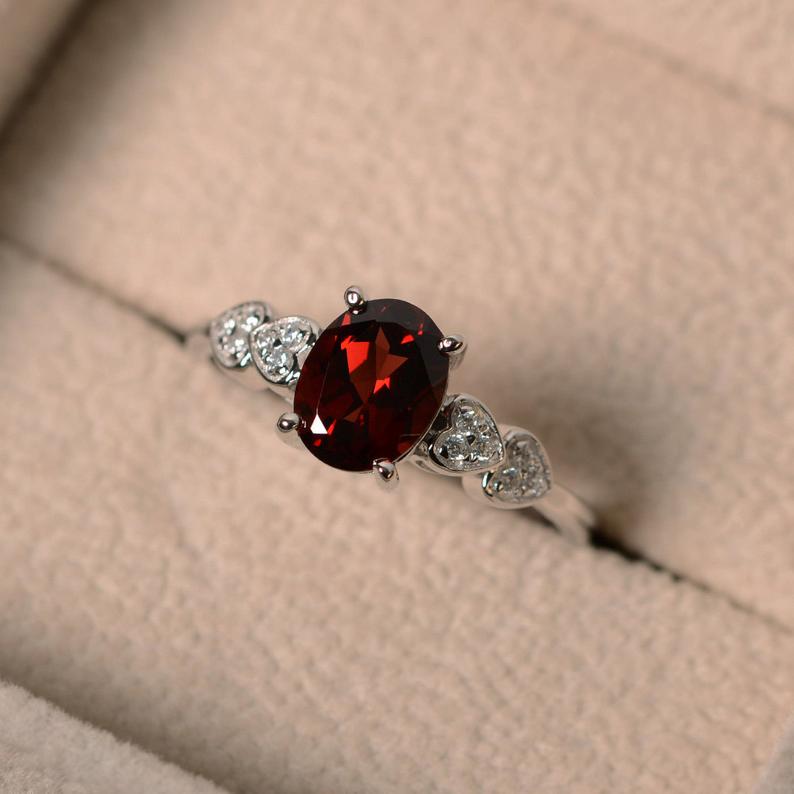 1.50 Ct Oval Cut Red Garnet 925 Sterling Silver Solitaire W/Accents Proposal Ring