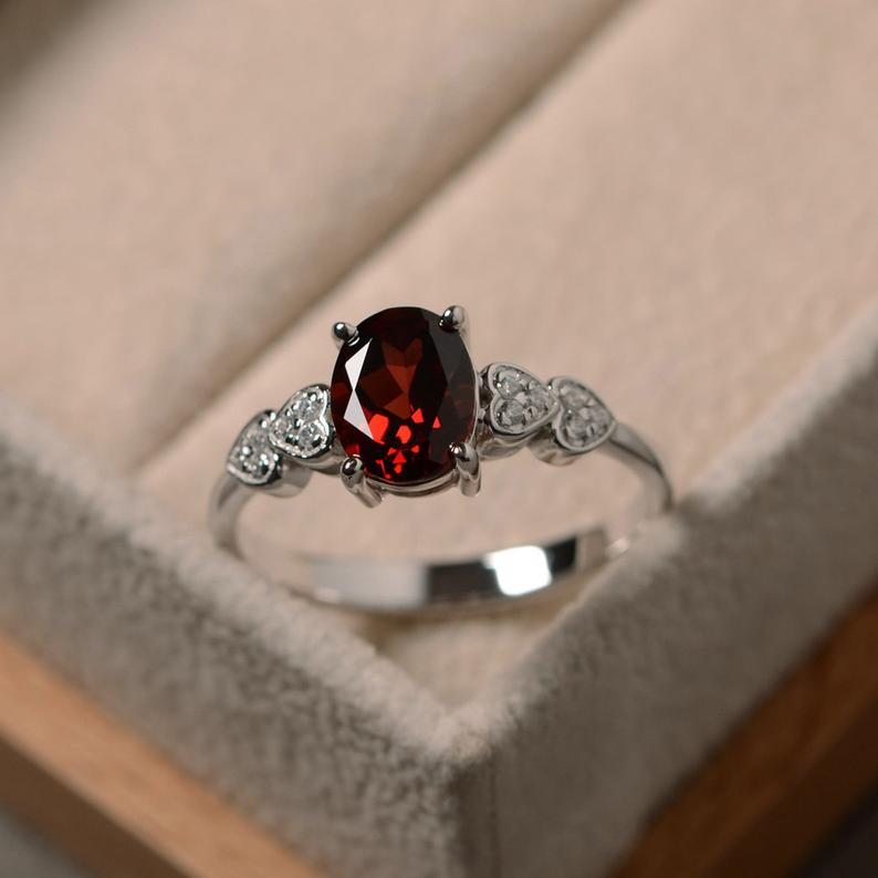 1.50 Ct Oval Cut Red Garnet 925 Sterling Silver Solitaire W/Accents Proposal Ring