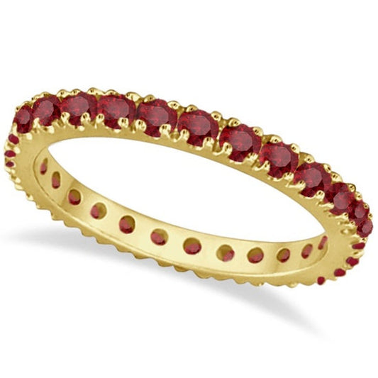 1.20 CT Round Cut Red Ruby Yellow Gold Ove On 925 Sterling Silver Full Eternity Band Ring