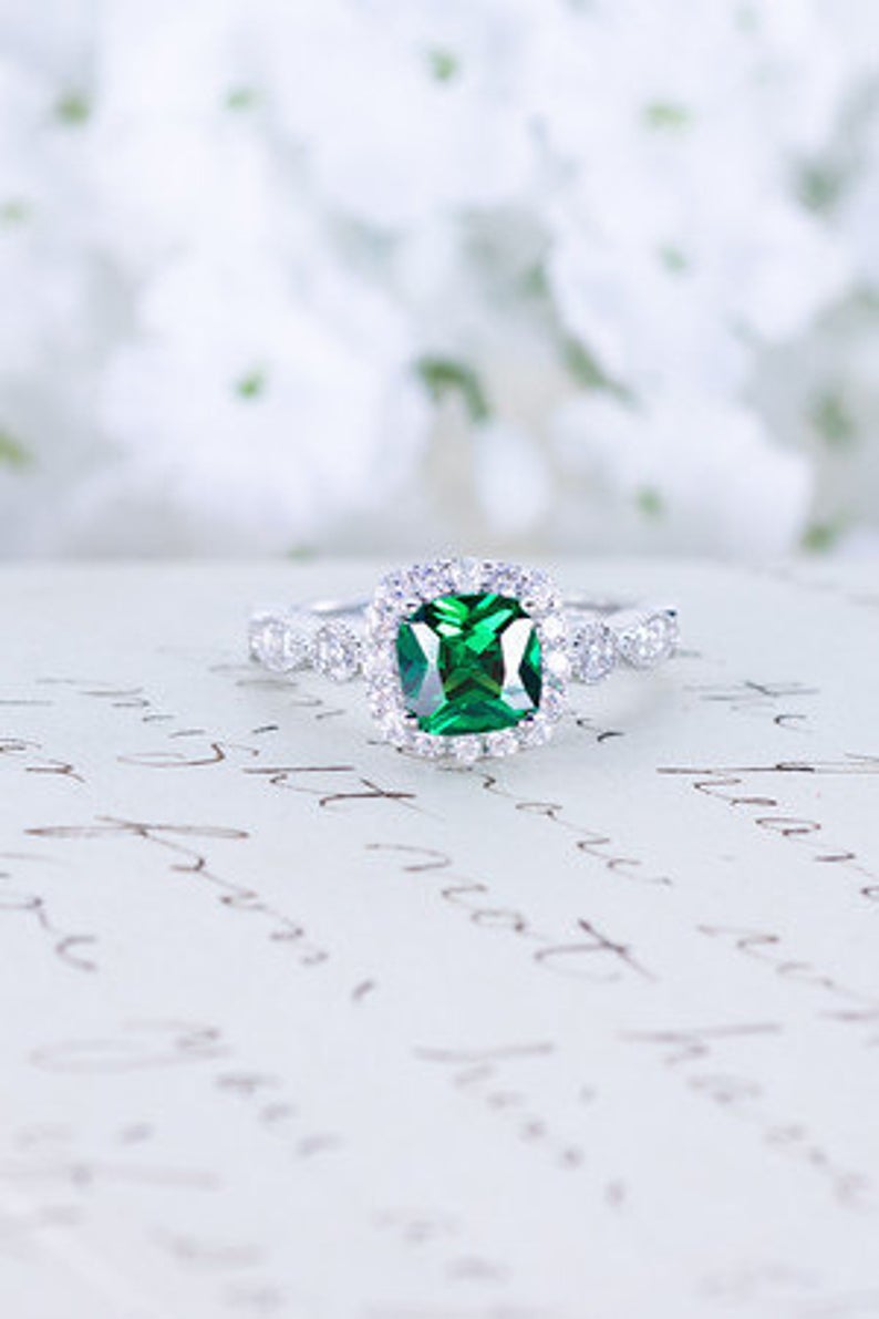 1 CT Cushion Cut Emerald Diamond 925 Sterling Silver Halo Engagement Ring -