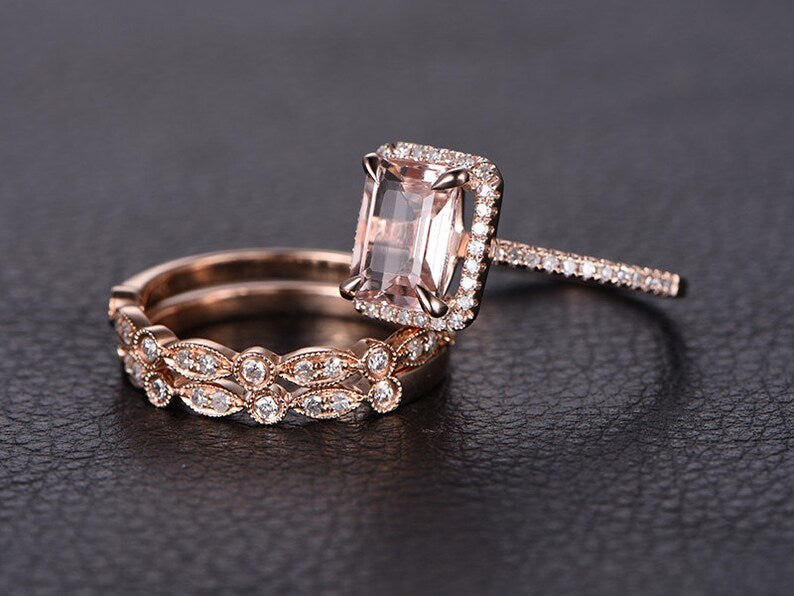 1 CT Emerald Cut Morganite Rose Gold Over On 925 Sterling Silver Wedding Bands Half Eternity Trio Ring Set