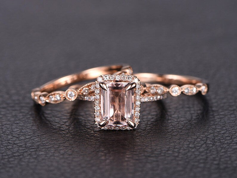 1 CT Emerald Cut Morganite Rose Gold Over On 925 Sterling Silver Wedding Bands Half Eternity Trio Ring Set