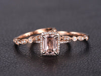 1 CT Emerald Cut Morganite Rose Gold Over On 925 Sterling Silver Wedding Bands Half Eternity Trio Ring Set