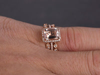 1 CT Emerald Cut Morganite Rose Gold Over On 925 Sterling Silver Wedding Bands Half Eternity Trio Ring Set