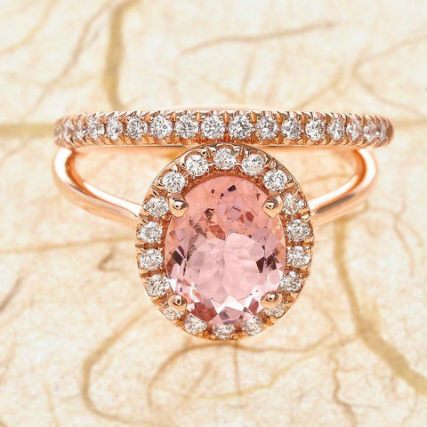 2 CT Oval Cut Pink Morganite Diamond 925 Sterling Silver Halo Wedding Band Ring