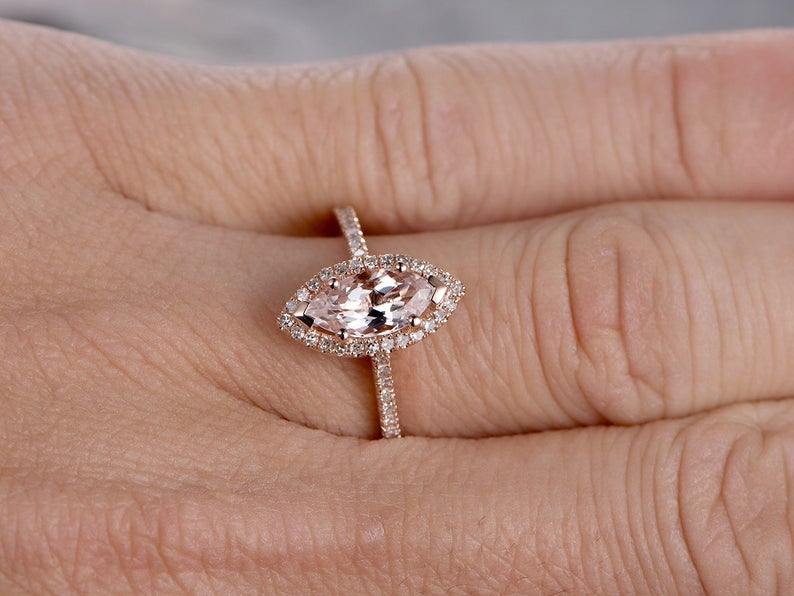 1.50 Ct Marquise Cut Peach Morganite Rose Gold Over On 925 Sterling Silver Halo Anniversary Gift Ring