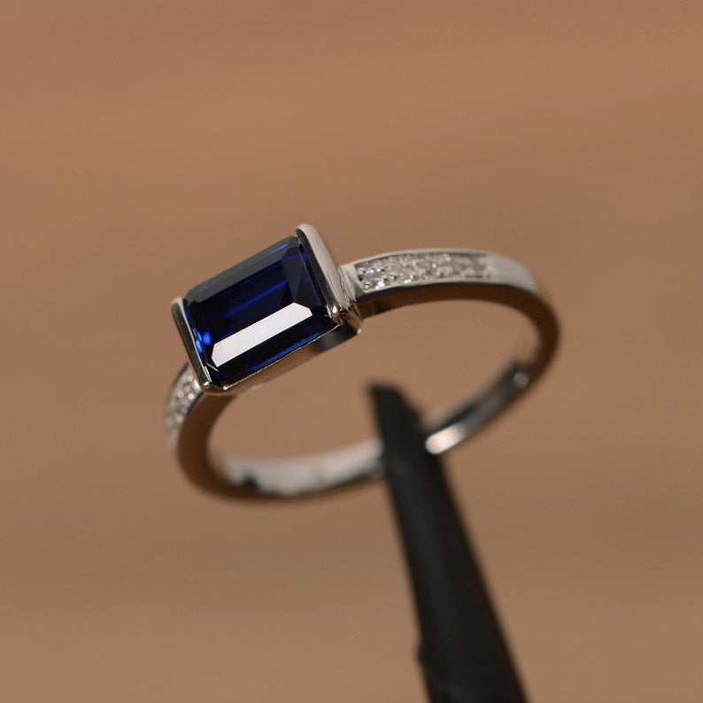 1.25 Ct Emerald Cut Blue Sapphire 925 Sterling Silver Solitaire W/Accents Promise Gift Ring