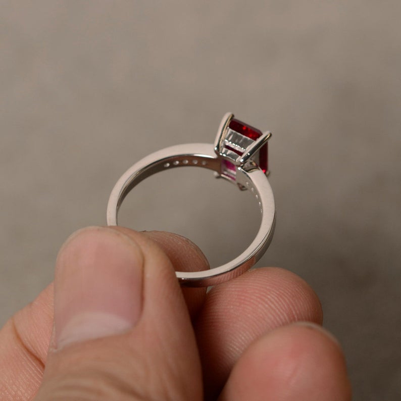 1.50 Ct Emerald Cut Red Ruby Solitaire W/Accents Engagement Ring In 925 Sterling Silver