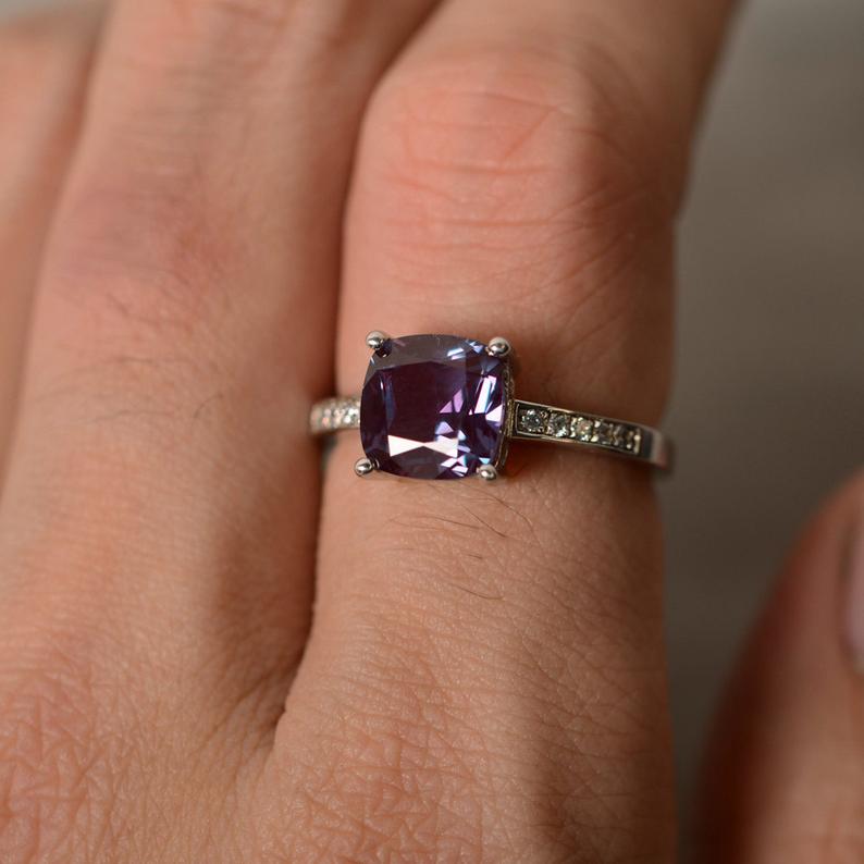 1.20 Ct Cushion Cut Purple Alexandrite 925 Sterling Silver Solitaire W/Accents Promise Ring