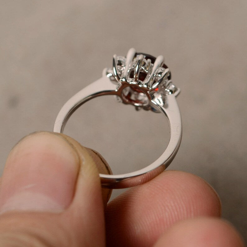 2 Ct Round Cut Red Garnet & Round CZ Floral Ring In 925 Sterling Silver For Her